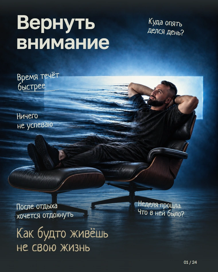 Обложка гайда: Сергей в кресле, силуэт растворяется в потоке. Вернуть внимание. Как будто живёшь не свою жизнь.